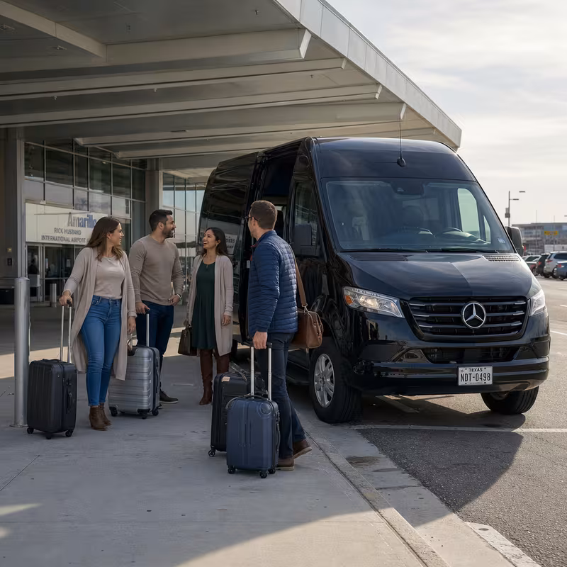 Group boarding a white charter bus for Airport Transportation transportation in Amarillo