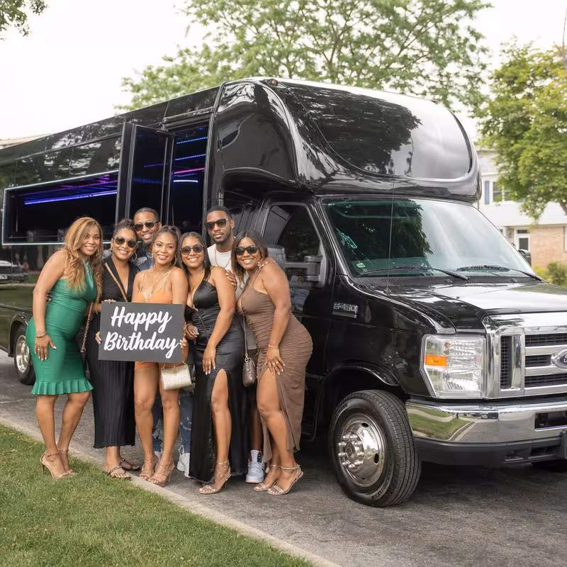 Party bus interior with wraparound leather seating and LED lighting in Amarillo