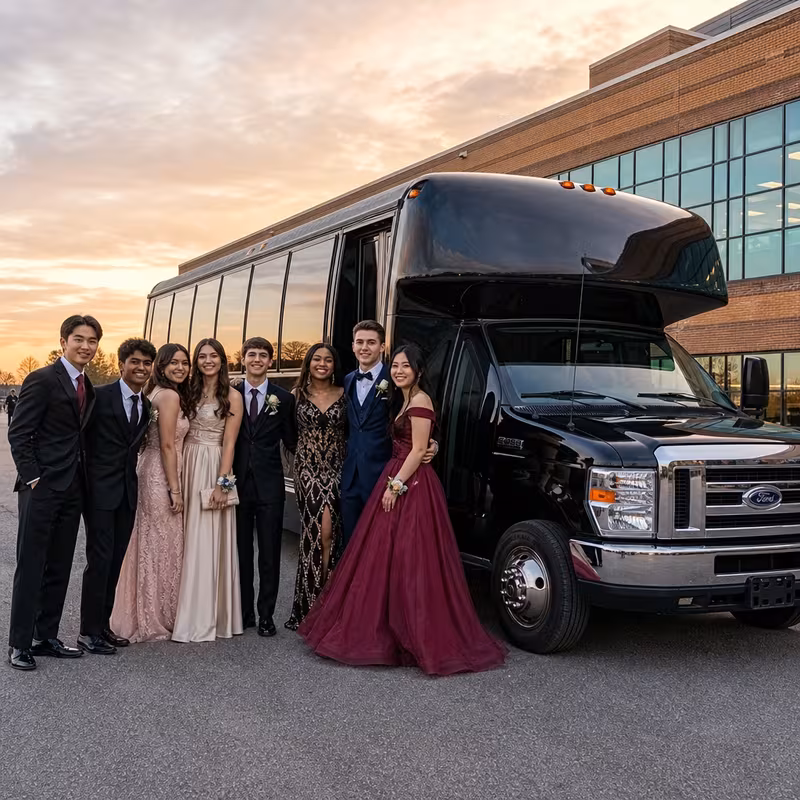 Group boarding a white charter bus for Prom & Homecoming Transportation transportation in Amarillo