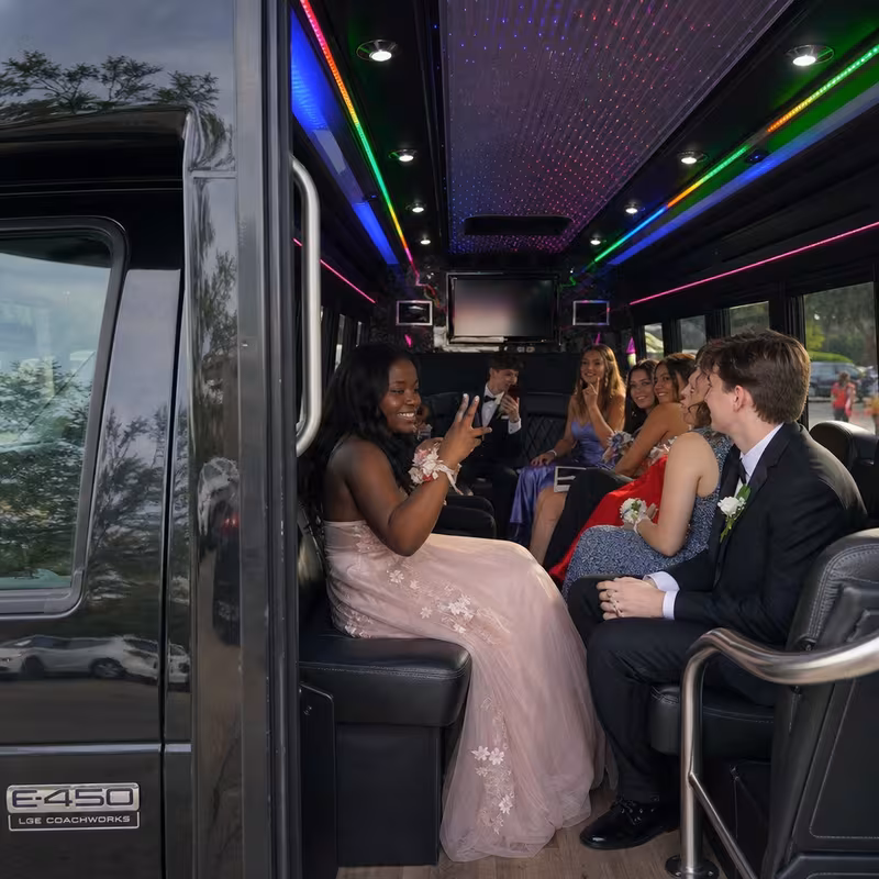 Black Mercedes Sprinter van staged for an Amarillo Prom & Homecoming Transportation group