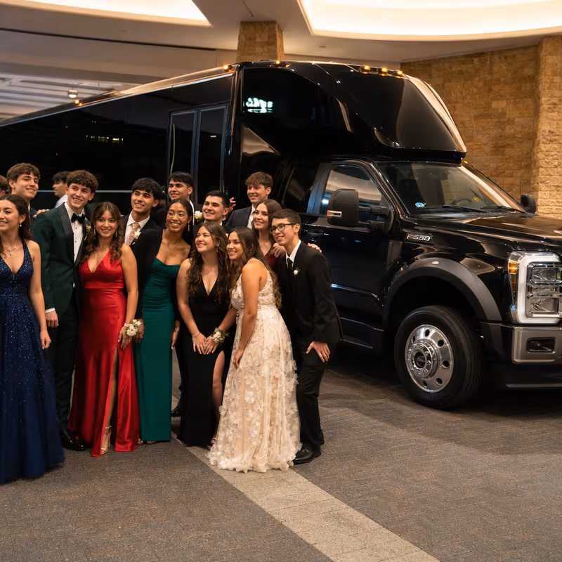 Party bus interior with wraparound leather seating and LED lighting in Amarillo