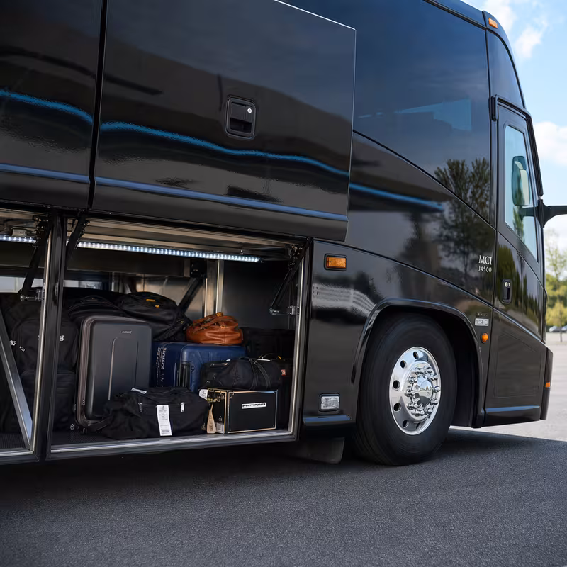 Party bus interior with wraparound leather seating and LED lighting in Amarillo