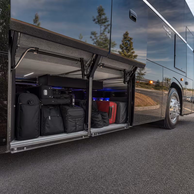Party bus interior with wraparound leather seating and LED lighting in Amarillo
