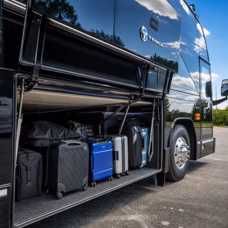 Party bus interior with wraparound leather seating and LED lighting in Amarillo